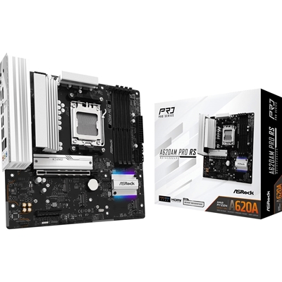 ASRock A620AM PRO RS AMD Socket AM5 Motherboard, 4x DDR5 Slots, 3x M.2 Socket, 2.5GbE LAN, 1x HDMI Port/ 1x DisplayPort 
