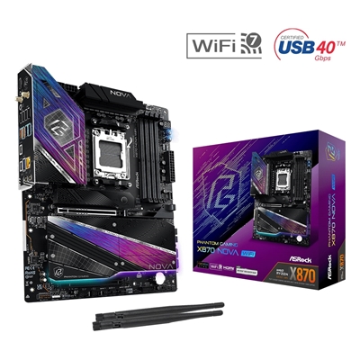 ASRock PHANTOM GAMING X870 Nova WiFi AMD Socket AM5 Motherboard, 4 x DDR5 Slots, 5x M.2 Socket, 5GbE LAN, Wi-Fi 7, 1x HDMI Port / 1x USB-C (USB4)

