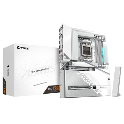 Gigabyte X870 AORUS STEALTH ICE AMD AM5 Socket Motherboard, ATX, 4x DDR5 Slots, 4x M.2 Socket, 5GbE LAN, Wi-Fi 7, 1x HDMI Port / 2x USB-C (USB4)